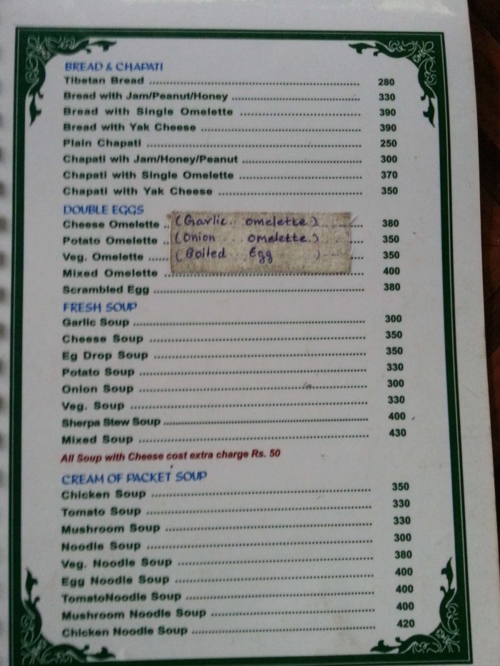 How much does Langtang Trek Costs? langtang food menu breakfast