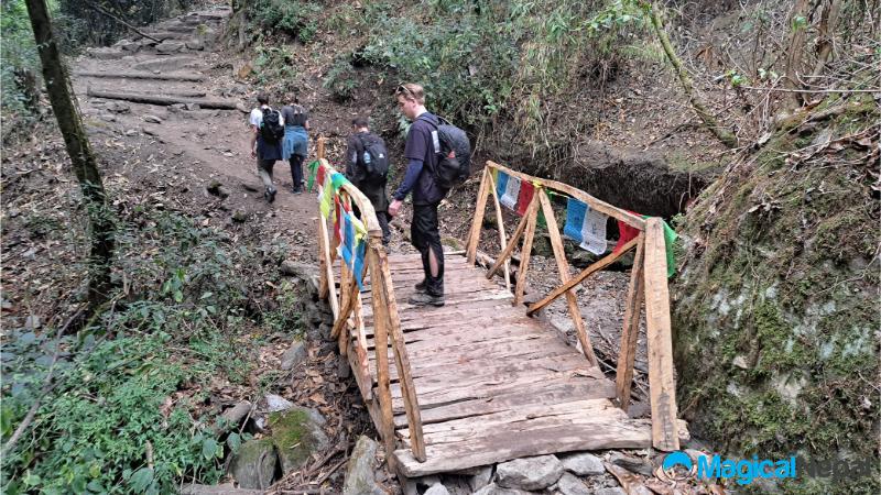 Langtang Valley Trek wooden suspension bridge with player flag 1